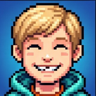 Pixel-art portrait of Malcolm, grinning